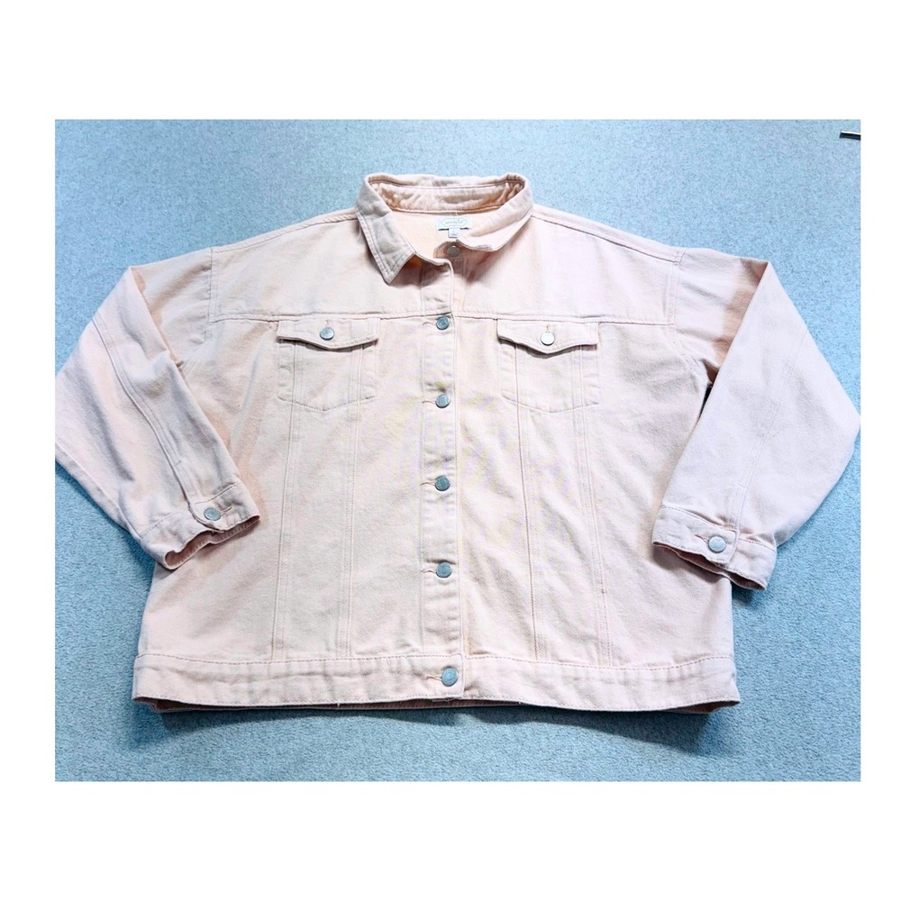 Mud Pie Womens L Light Pink Denim Jacket Oversized Trucker Shacket Cotton Blend